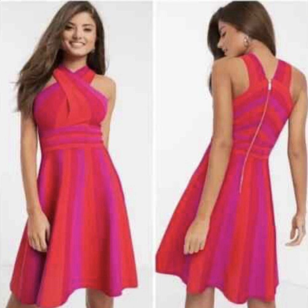 TED BAKER Pink Colorblock Cross Stretch Knit Flare Skater Dress 5 Large A010432